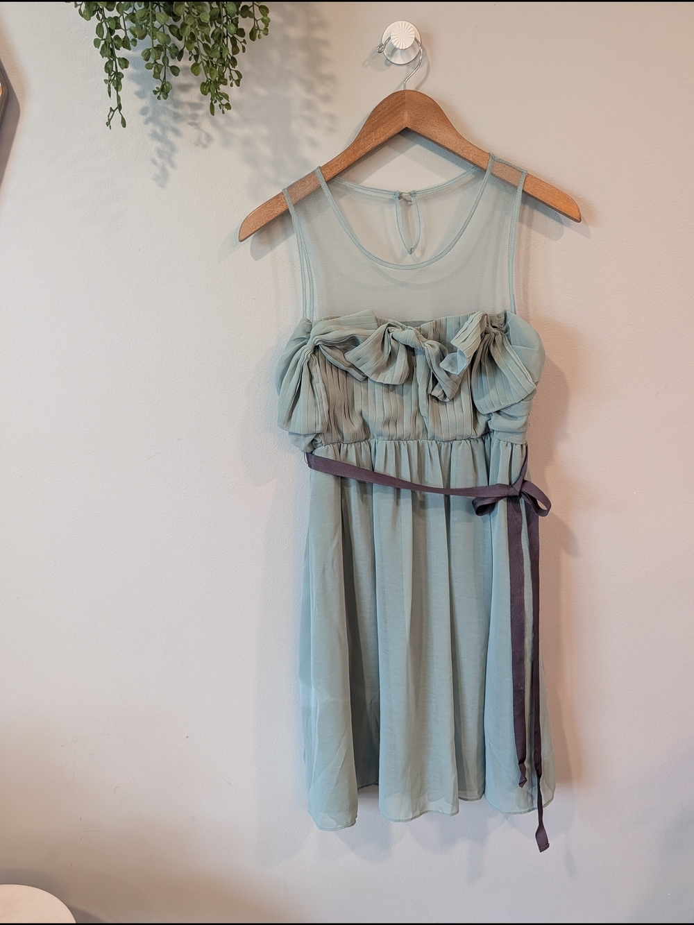 New Ryu Anthropologie Sage Green Chiffon Ruffle Dress with Ribbon Detail Sz M